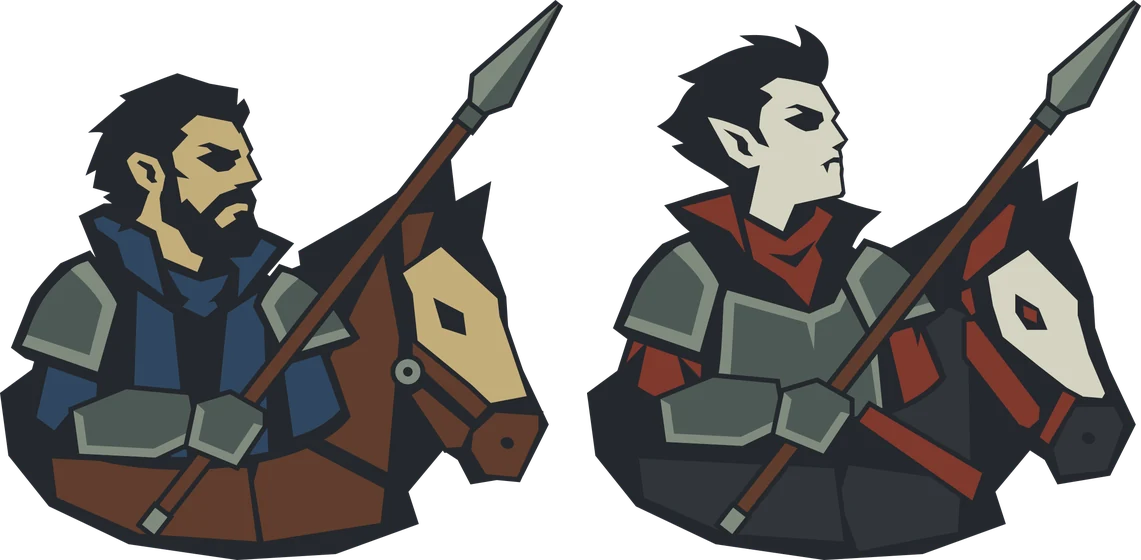 A hunter knight and a vampire knight on horseback.