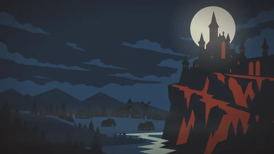 A castle on a cliff under a full moon, above a small village at night.